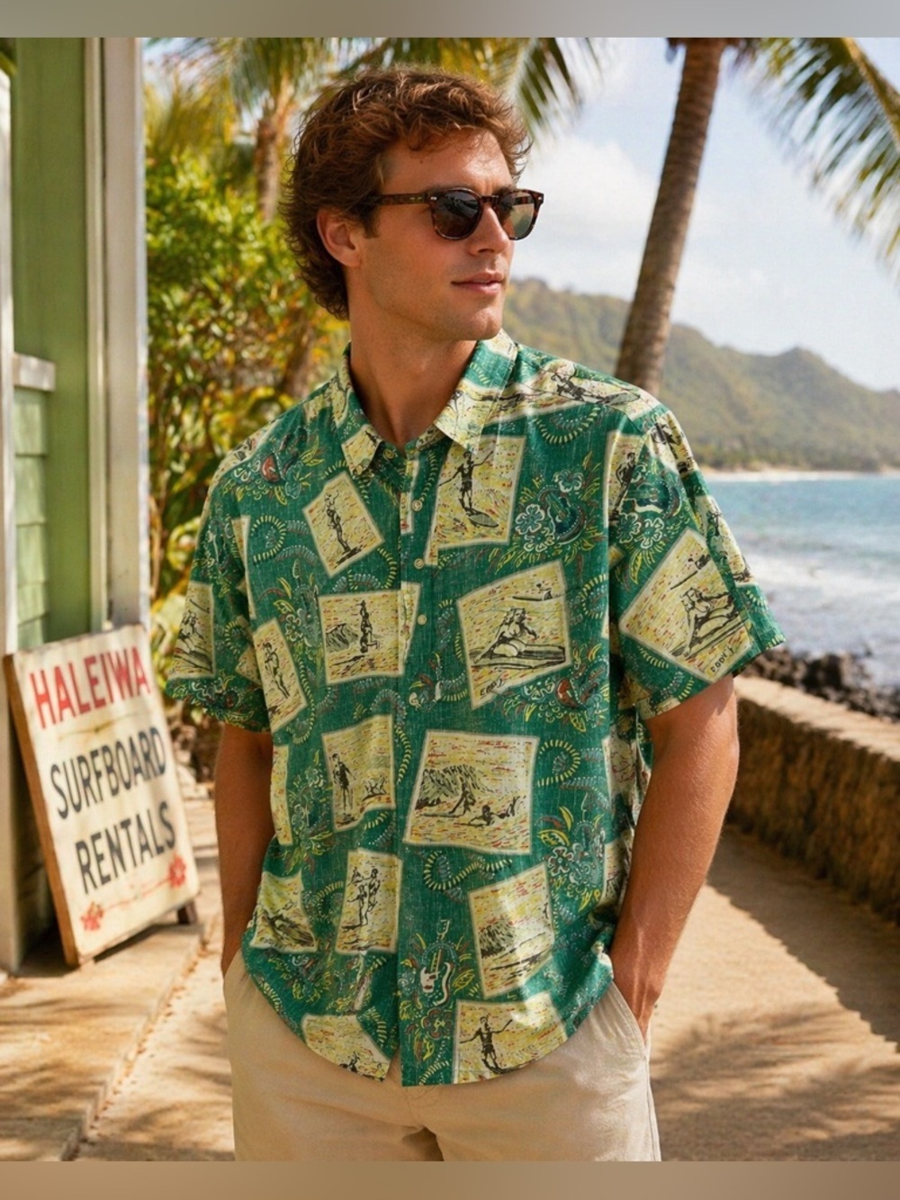 Reyn Spooner Eddy Y Beach Themed Hawaiian Shirt Size XL